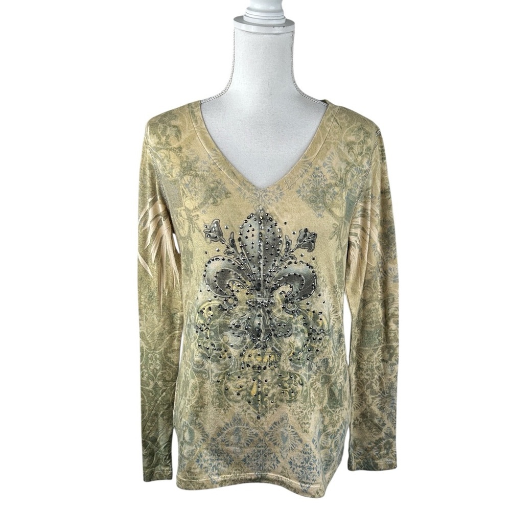 Green Source Y2K 90's Fleur De Lis Beaded Grunge Long Sleeve Top Size Medium